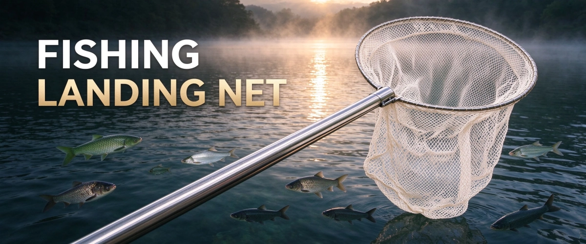 Stainless steel fishing landing net with fine nylon mesh, resting on calm lake water at dawn, essential tool for safe fish landing