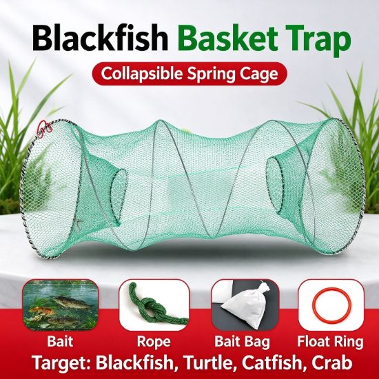 Picture of Portable Foldable Fishing Trap Net - Automatic Spring Cage for Crab,Eel,Catfish & Minnows with Free Bait & Accessories