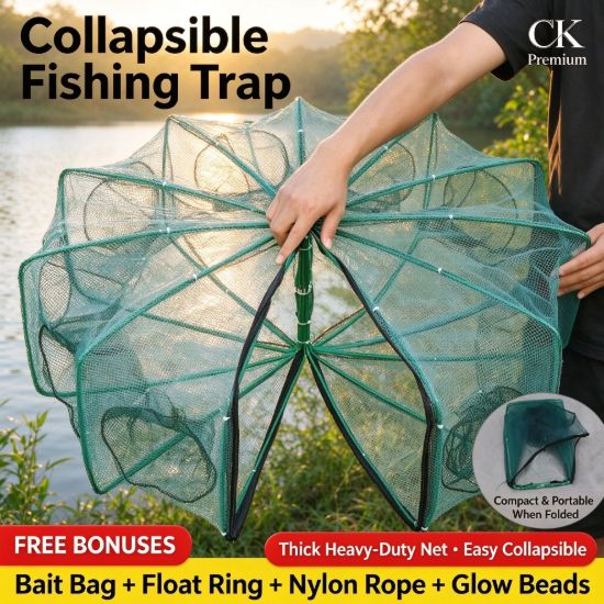 Picture of Premium Foldable Automatic Fishing Trap Net | 2mm Thickened Dense Mesh Fish Cage with Complete Accessories Kit (Bait,Rope,Floats) for Outdoor Fishing