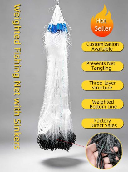 Picture of Fish Net with Rope Weights – 3 Layer Heavy Duty Trammel Net, Anti-Tangle Bottom Fishing Net